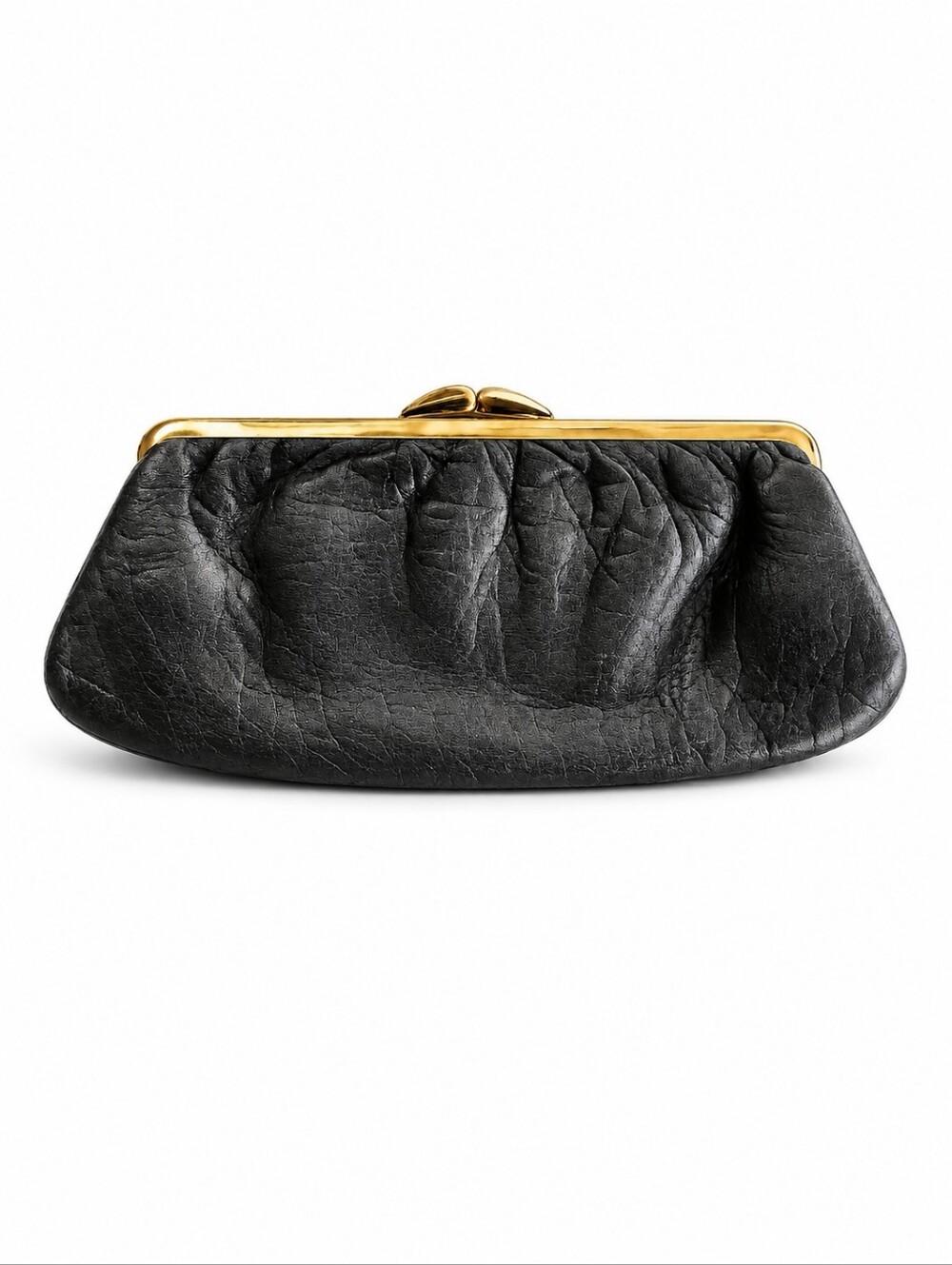 Vintage 60s Black Leather Gold Tone Kiss-Lock Clutch Purse